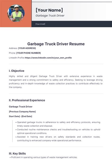 Free Garbage Truck Driver Resume Template to Edit Online