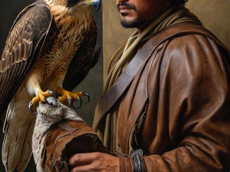 Man holding a falcon, in the centre of a group of people