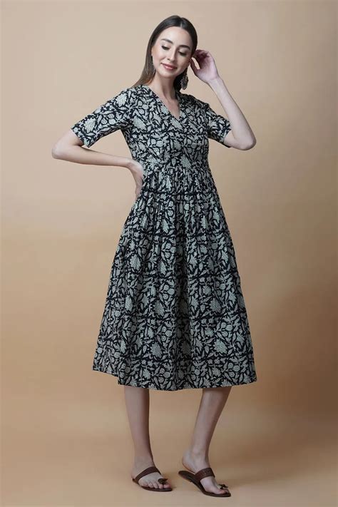Black Hand Block Printed V-Neck Dress In Angrakha style – Gulab Chand ...