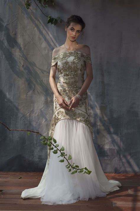 Ivory zardozi embroidery off shoulder gown