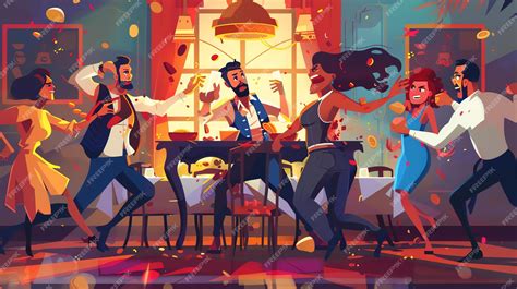 A group of friends are having a messy food fight at a restaurant ...