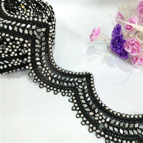 Buy Black Pearl Crystal & Silver Mirror Scallop Indian Embroidered Lace ...