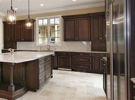 Stained cabinets, white tile floors | Kitchen remodel, Cherry cabinets ...