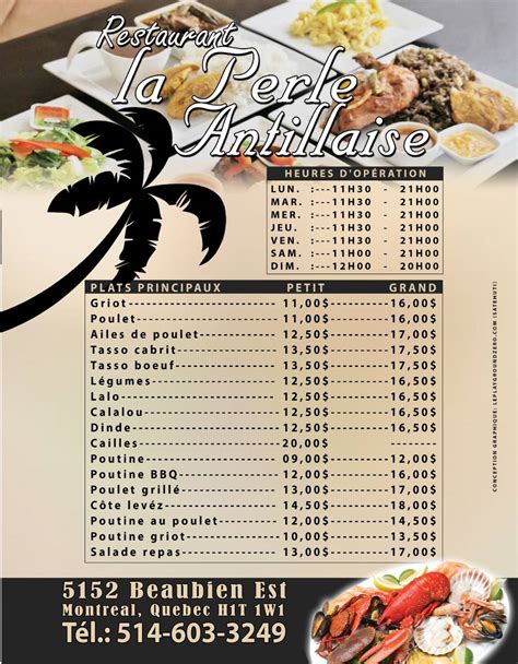 Menu at Restaurant la perle antillaise Inc, Montréal, Rue Beaubien E