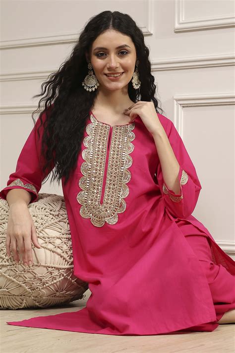 Buy Fuchsia Cotton Solid Straight Kurta Online at Biba India