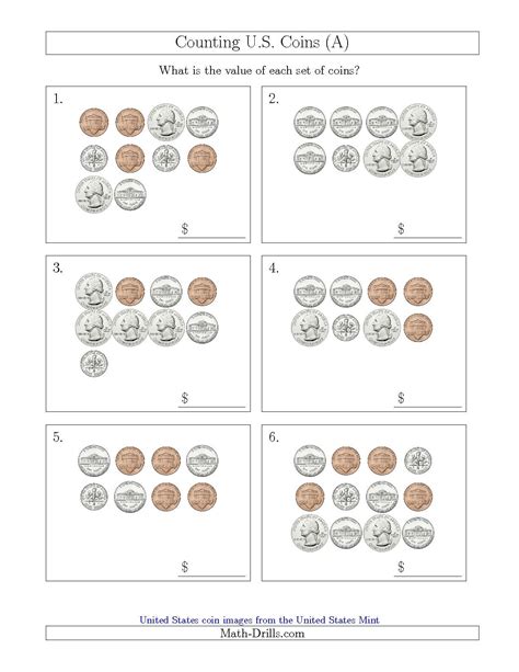 The Counting U.S. Coins (A) math worksheet from the Money Worksheet ...