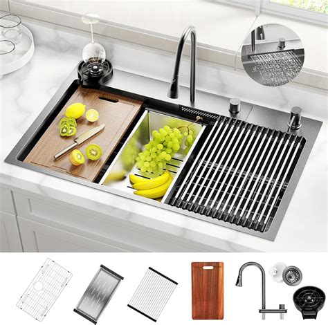 33x22 Waterfall Kitchen Sink with Faucet Single Bowl Drop in Kitchen ...