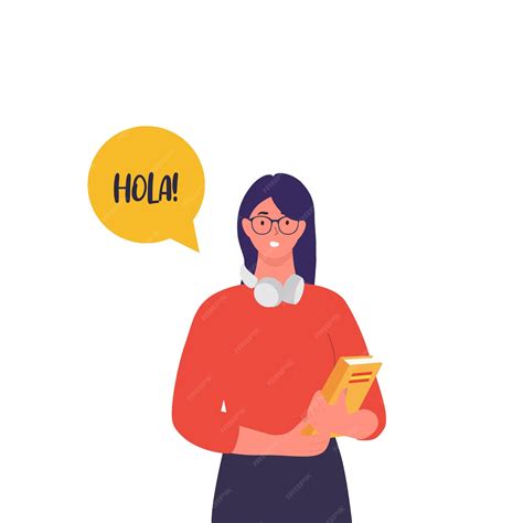 Premium Vector | Hola learn spanish young woman with a book and ...