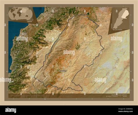 Baalbek-Hermel, governorate of Lebanon. Low resolution satellite map. Locations and names of ...