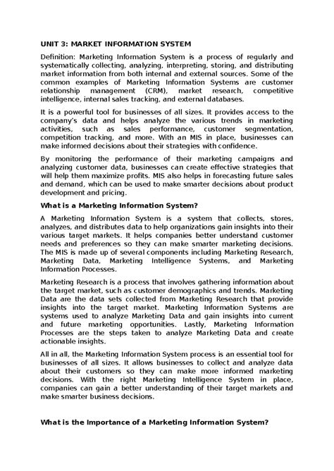 Unit 3 MIS - Notes - UNIT 3: MARKET INFORMATION SYSTEM Definition ...