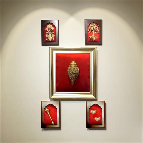 Red Wall Art Set with Maa Tripura Sundari Shankh with Ganesh and Karti ...