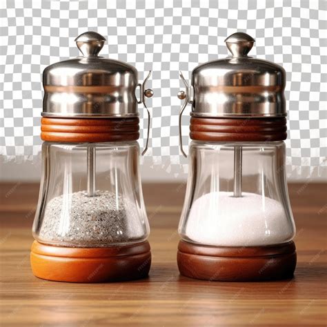 Premium PSD | Salt and pepper container on wooden table Isolated on ...