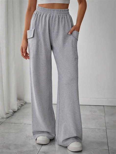 SHEIN Gray Wide Leg Cargo Pocket Sweatpants Casual Track Pants Loose ...