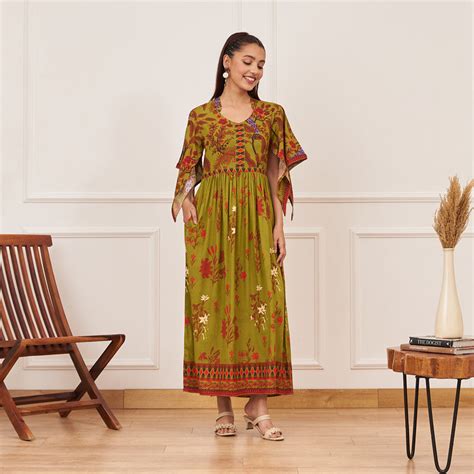 Buy Olive Green Gathered Dress with Flutter Sleeves | Rustorange