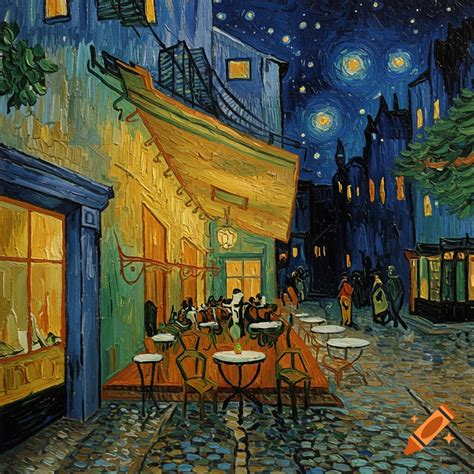 A vibrant Van Gogh style painting of a cafe terrace at night, with patrons seated under a yellow ...
