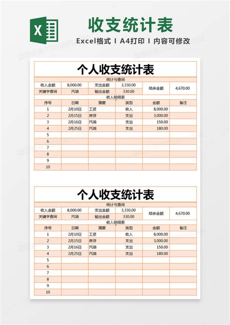 橙色简约个人收支统计表EXCEL模版模板下载_EXCEL_图客巴巴