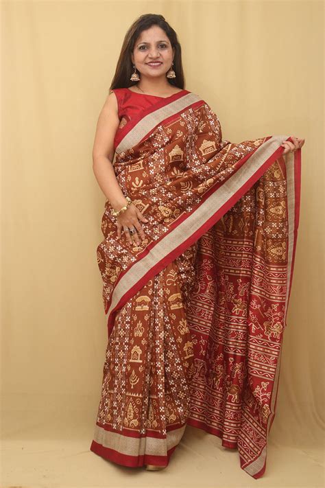 Stunning Brown Digital Printed Silk Sambalpuri Saree