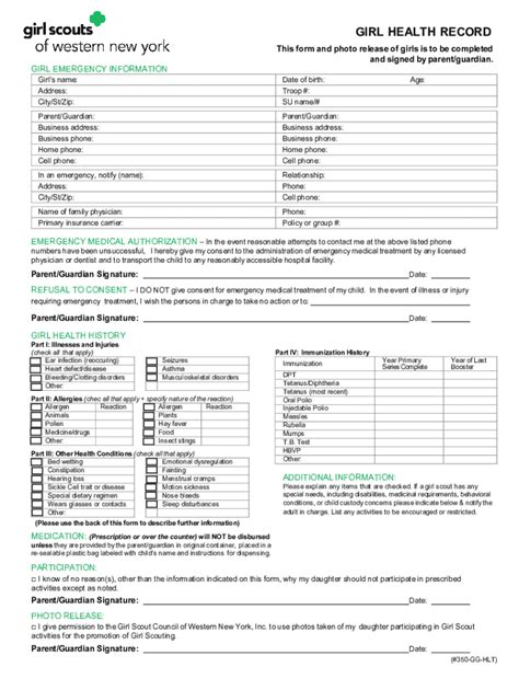Girl Health Record and Emergency Authorization Form - Blank Fillable ...