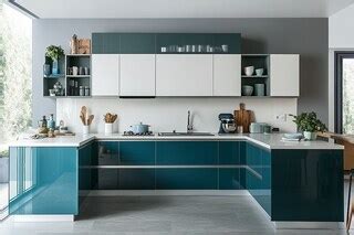 Modern White And Shore Blue Modular Indian Kitchen Design