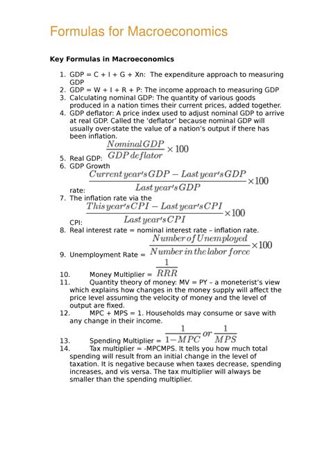 Formulas for Macroeconomics - GDP = C + I + G + Xn: The expenditure ...