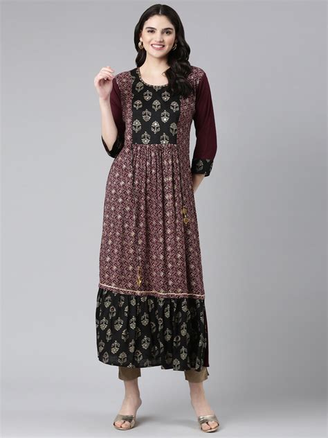 Neerus Ethnic Motifs Printed Mirror Work Gathered A Line Kurta – Neerus ...