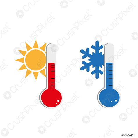 Thermometers showing hot and cold temperatures with a sun and - stock ...