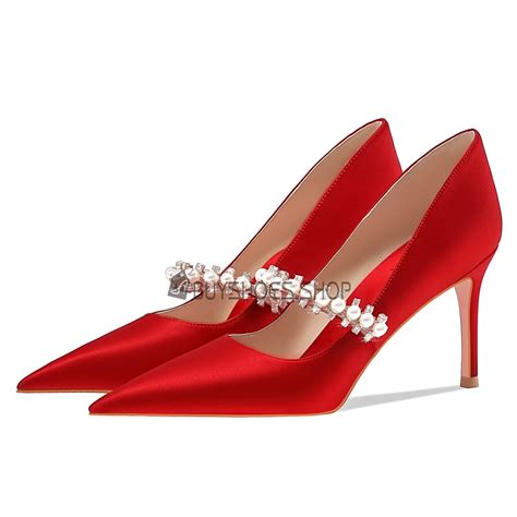 Cheap Satin Summer Red Dress Shoes Pearls Evening Party Shoes With ...