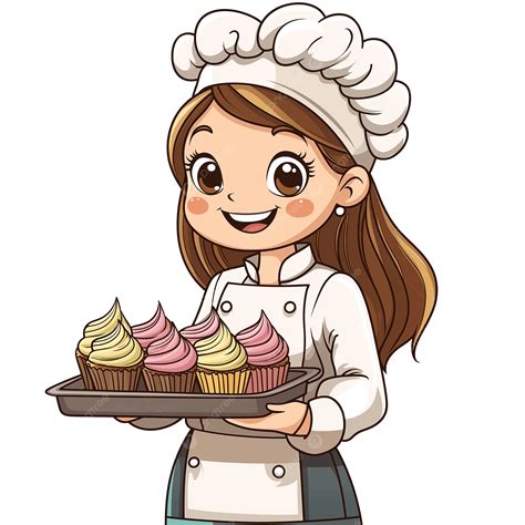 Smiling Female Baker Holding Tray Of Cupcakes Cartoon Clipart, Girl ...