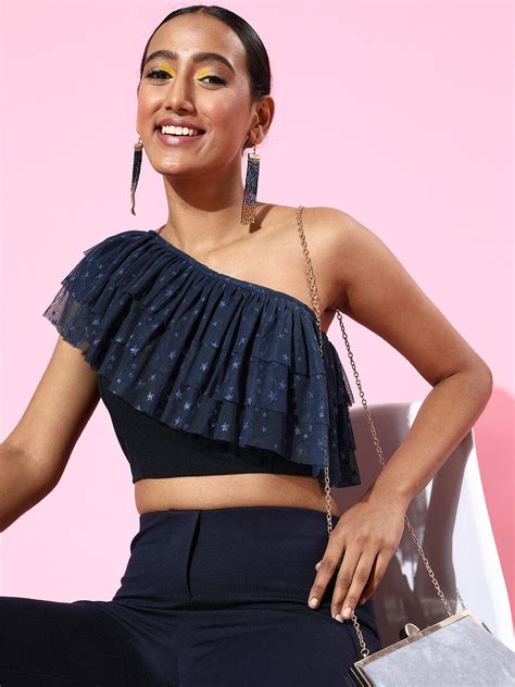 Buy Women Navy Blue One Shoulder Mesh Net Frilly Top Online At Best ...