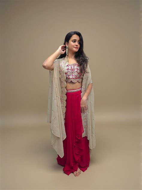 Beige & Maroon Crop Top Dhoti Skirt with Shrug | Indo-Western Wedding ...