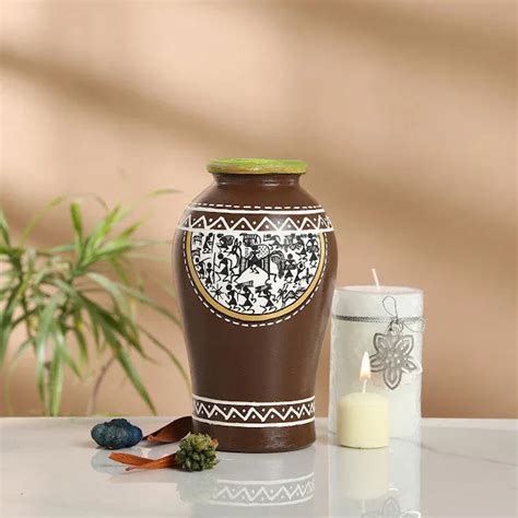 Tribal Melodies' Tapered Terracotta Vase With Warli Hand-Painting (8 I ...