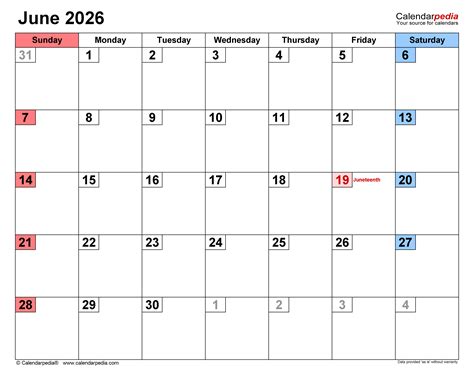 June 2026 Calendar | Templates for PDF, Excel and Word
