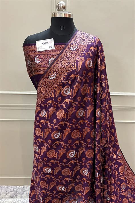 Purple Antique Zari Satin Silk Banarasi Saree – Mohsin Textiles