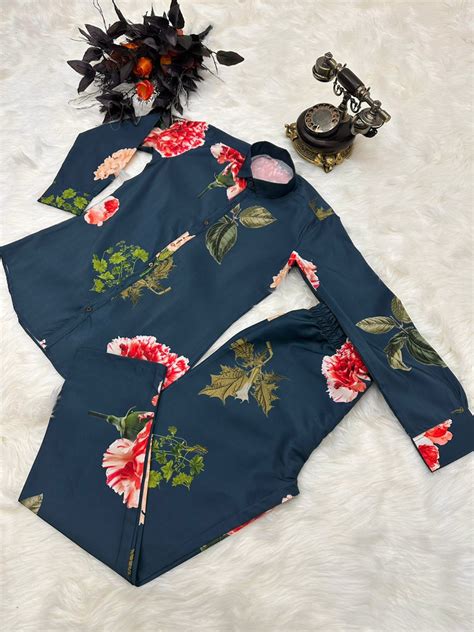 Party Wear Navy Blue Color Flower Design Cord Set