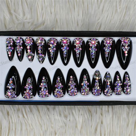 Glossy Black Rhinestones : Best Press on Nails in India – The NailzStation