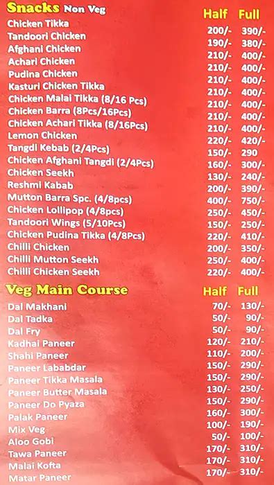 Menu of Bhagat Dhaba, Rajouri Garden, New Delhi