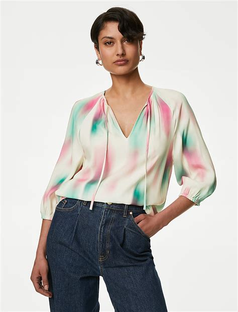 Buy Cupro Rich Printed Tie Neck Blouse at Marks & Spencer