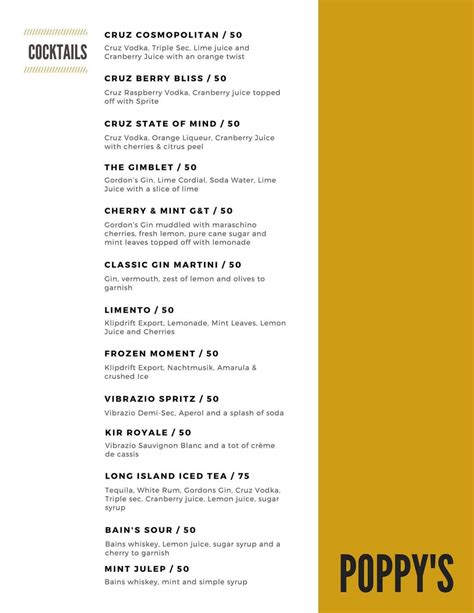 Menu at Poppy's Restaurant, Randburg, Corner Beyers Naude Drive and