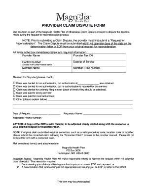 Magnolia Health Plan Provider Claim Dispute Form - Fill and Sign ...