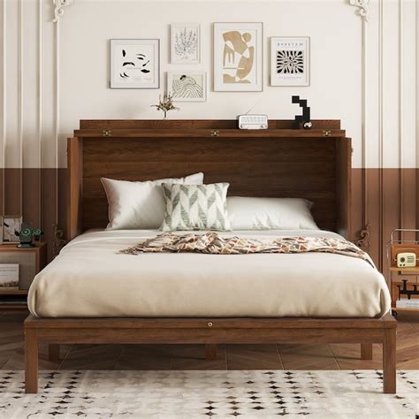 LOVMOR Queen Size Murphy Bed Pine Wood Cabinet Bed with Power Station ...