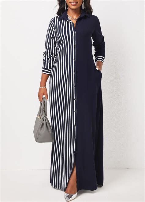 Striped Pocket Navy H Shape Maxi Dress | Plus size shirt dress, Maxi ...
