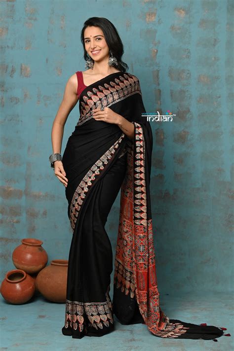 Buy Handloom Modal Silk Saree With Ajrakh Handblock Print With Eco ...