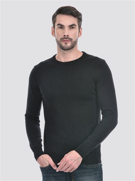 Buy Men's Black Solid Round Neck Flat Knitted Sweater Online | Numero Uno