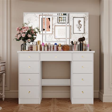 Large Modern Makeup Vanity Desk with Lighted Mirror, 3-Mirror Dressing ...