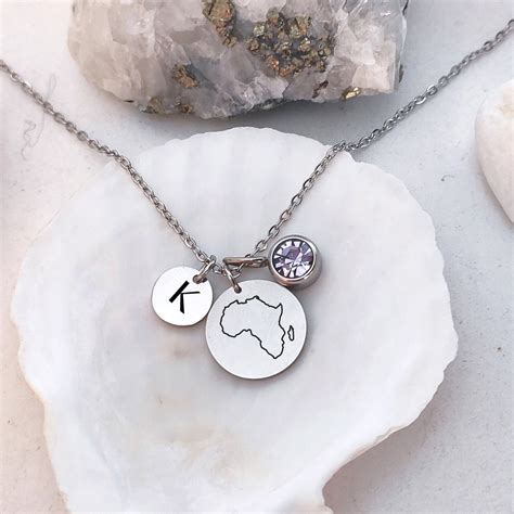 Personalized Africa Map Necklace, Two Disc Birth Stone Letter Pendant, Custom Africa Jewelry ...