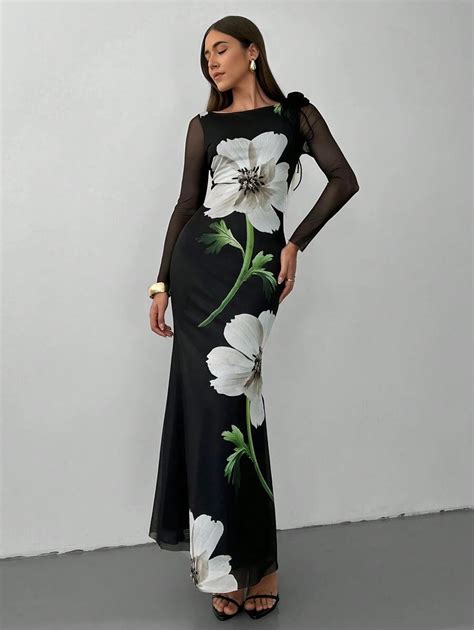 Aloruh Women's Romantic Floral Printed Mermaid Long Sleeve Dress ...