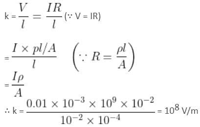 A current of 0.01 mA passes through a potentiometer wire of resistivity ...
