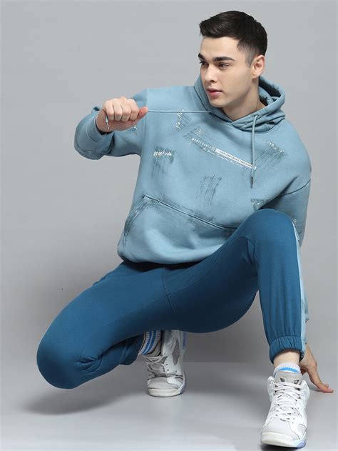 Buy Men Blue & Teal Blue Printed Hooded Full Sleeve Winter Tracksuit ...