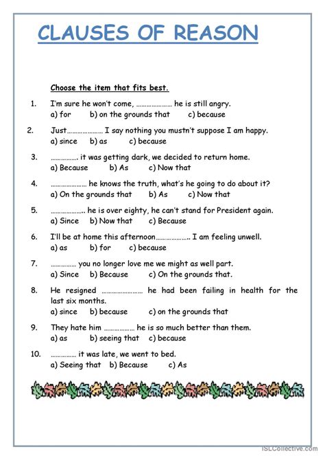 clauses of reason: English ESL worksheets pdf & doc