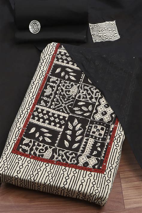 Buy Black Cotton Hand Block Print Unstitched Suit Set Online at Biba India